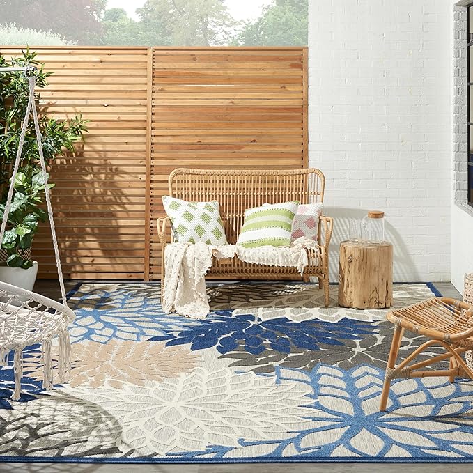 Nourison Aloha Indoor/Outdoor Blue/Multicolor 9' x 12' Area Rug, Tropical, Botanical, Easy Cleaning, Non Shedding, Bed Room, Living Room, Dining Room, Deck, Backyard, Patio (9x12)