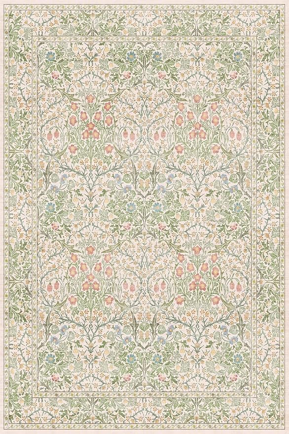 Beige Green 4x6 Washable Area Rug for Living Room Bedroom Large Entryway Kitchen, Ultra Soft Non Slip Stain Resistance, Floral Distressed Aethestic Design