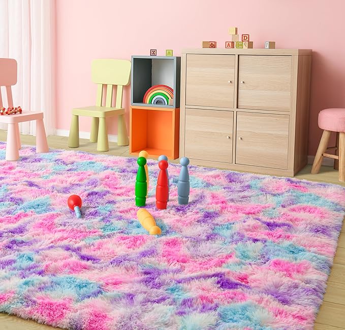 Tepook Soft Rainbow Rug for Girls Room 6x9 Feet, Cute Fluffy Girls Bedroom Area Rug, Shaggy Princess Rug Colorful Carpet for Kids Teens Toddler Playroom Nursery Reading Nook, Hot Pink