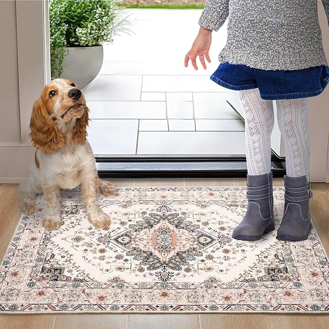 Noahas Front Door Mat Indoor Outdoor Entrance,2x3 Small Beige Area Rugs Vintage Machine Washable Rugs Non-Slip Low Pile Carpets for Entryway Porch Bathroom Kitchen Bedroom Laundry Room Home Decor