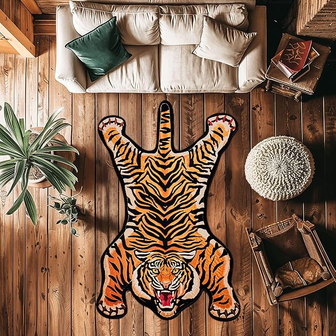 Tiger Printed Skin Area Rugs, Non- Slip Rug for Bathroom, Tiger Door Mat, Machine Washable Carpet for Bed Room 01