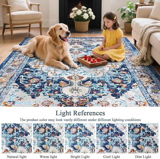U'Artlines Boho Vintage Area Rug 5x7 Machine Washable Low Pile Soft Floor Carpet Non Slip Non Shedding Accent Rug for Living Room Bedroom Entryway Dining Room Office Blue