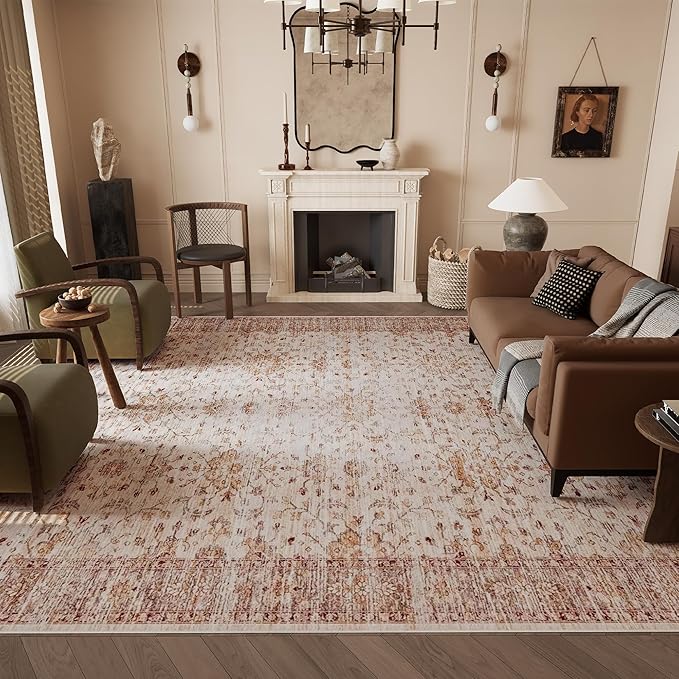 9x12 Rug, Washable Neutral Boho Modern Vintage Non Slip Floral Area Carpet, Low Pile Soft Rugs, Slip Resistance, Pet-Friendly, Durable Rug for Living Room, Bedroom, Kitchen, Dining Room