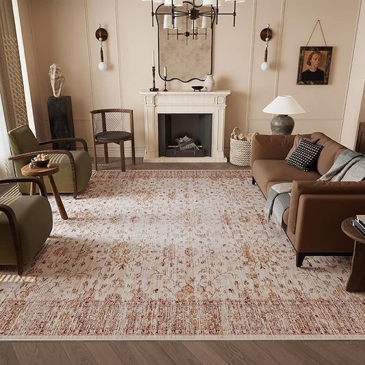 9x12 Rug, Washable Neutral Boho Modern Vintage Non Slip Floral Area Carpet, Low Pile Soft Rugs, Slip Resistance, Pet-Friendly, Durable Rug for Living Room, Bedroom, Kitchen, Dining Room