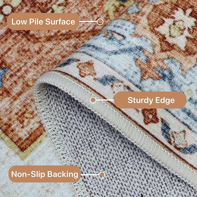2X10 Area Rugs Machine Washable Runner Rugs for Living Room, Vintage Boho Rugs for Bedroom Dining Room, Non Slip Indoor Soft Distressed Lightweight Thin Low Pile Carpet, Blue Beige Orange