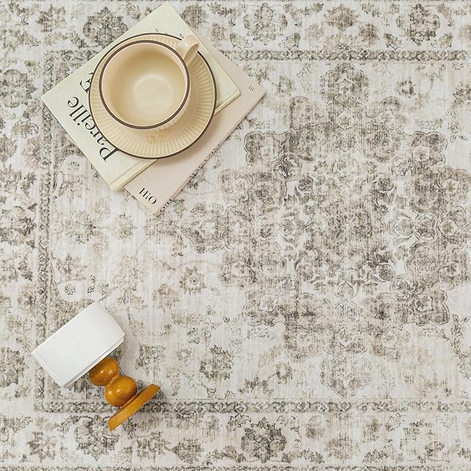 2x3 Washable Neutral Area Rug Taupe Entryway Kitchen Non-Slip Low Pile Floral Carpet Door Mat Vintage Soft Thin Small Throw Rug for Bathroom Bedroom Indoor Entrance