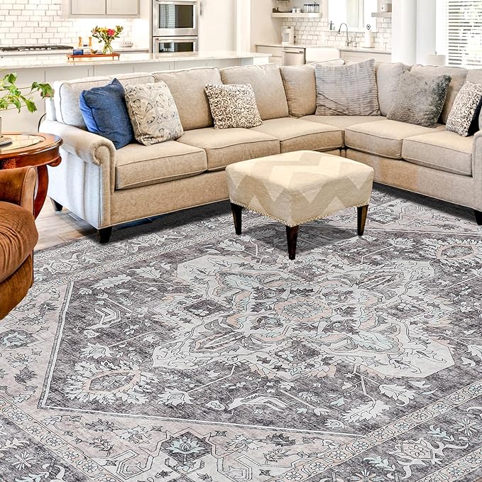 Vintage Area Rug, 8x10 Washable Rugs for Living Room Bedroom Indoor Throw Rug, Distressed Boho Country Accent, Thin Low-Pile Floor Carpet for Kids Pet (Multi/Brown)