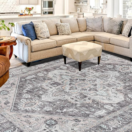Vintage Area Rug, 9x12 Washable Rugs for Living Room Bedroom Indoor Throw Rug, Distressed Boho Country Accent, Thin Low-Pile Floor Carpet for Kids Pet (Multi/Brown)