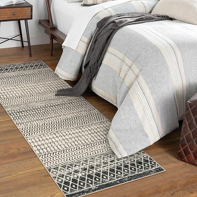 Moroccan Rug Runners for Hallways, 2x5 Ultra Soft Non-Slip Washable Rugs for Bedroom, Low Pile Distressed Black Rug Carpet Runner for Entryway Kitchen Bedroom Laundry Room