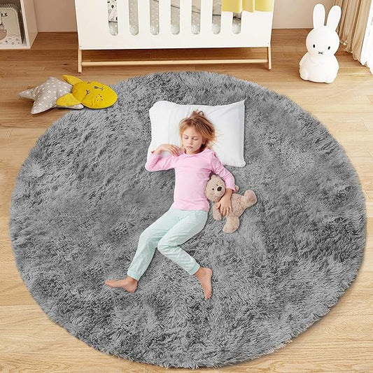 4FT Round Rug for Bedroom: Fluffy Shag Soft Washable Rugs Circle Small Fuzzy Plush Indoor Carpet for Living Room Nursery Playroom Dorm Kids Girls Boys Room (Grey, 4'x4')