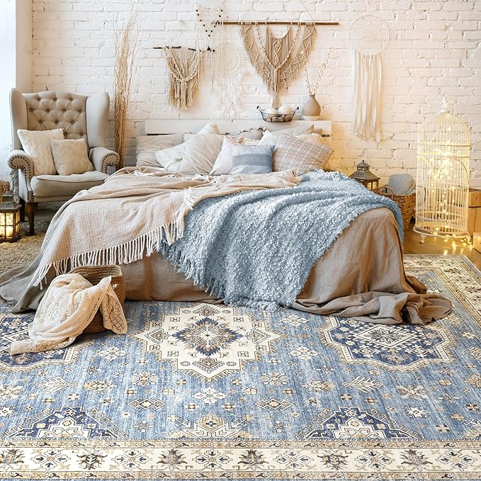 Washable Area Rugs for Living Room - 7x9 Neutral Vintage Distressed Floral Farmhouse Boho Large Soft Floor Rug Indoor Non Slip Carpet for Living Room Bedroom Dining Room Office - Blue