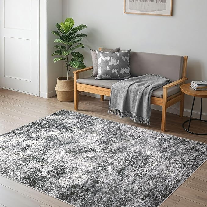 Washable Area Rug: 3x5 ft Abstract Small Rugs for Entryway Kitchen Living Room Bedroom - Non Slip Modern Neutral Carpet Indoor Front Door - Grey