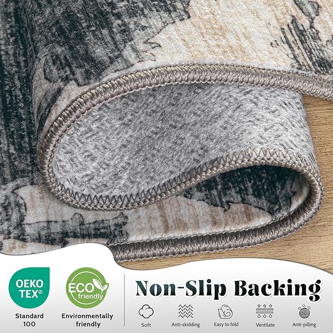 10x14 Area Rugs Washable Rug: Large Vintage Living Room Rugs with Non-Slip Backing Low Pile Rug Soft Indoor Floor Carpet Non Shedding Neutral Carpet for Bedroom Dining Room Farmhouse Nursery Black
