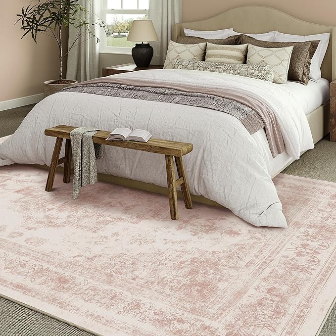 Washable Rug 9x12 Area Rug for Living Room Pink Vintage Boho Medallion Large Distressed Retro Carpet Non Slip Indoor Low Pile Small Soft Bedroom Dining Room Home Office