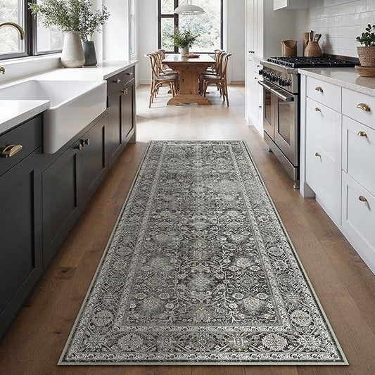 Black Runner Rug 2x6 Vintage Area Carpet Hallway Long Indoor Kitchen Washable Living Room Low Pile Traditional Distressed Retro Accent Throw Rug Non Slip Laundry Bathroom Office Dining Room
