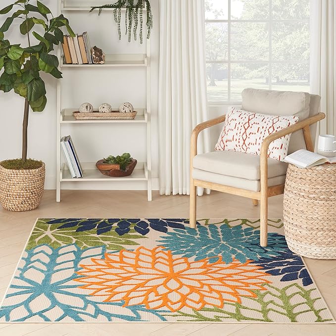 Nourison Aloha Indoor/Outdoor Multicolor 5'3" x 5'3"Square Area Rug, Tropical, Botanical, Easy Cleaning, Non Shedding, Bed Room, Living Room, Dining Room, Deck, Backyard, Patio (5 Square)