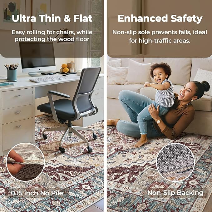 Washable Area Rugs Boho Thin Non Slip Stain Resistant Vintage Brown Printed Carpet Oriental Foldable Distressed 4x6 Rug for Living Room Bedroom Indoor House