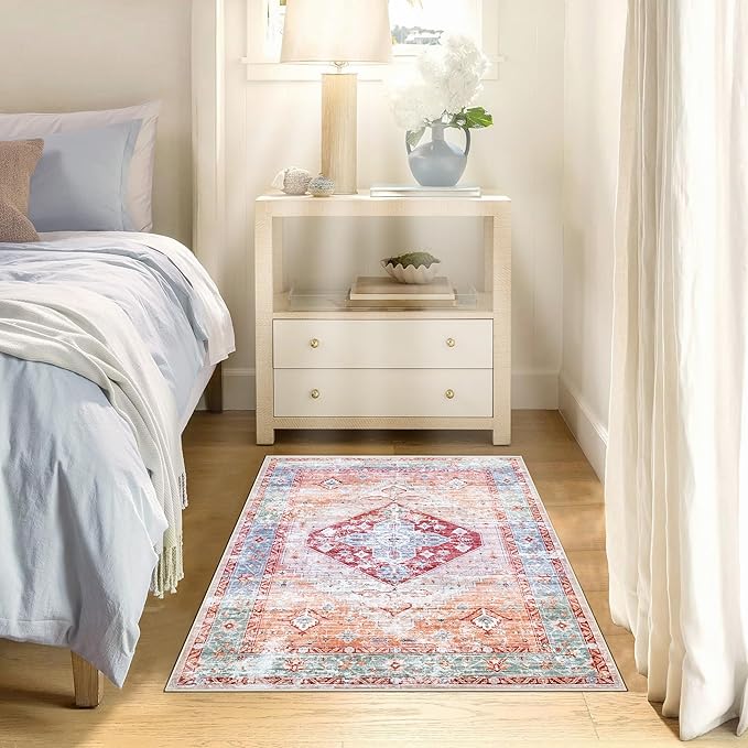 2x3 Rug Entryway Rugs: Washable Boho Vintage Small Rug Indoor Medallion Soft Non Slip Ultra Thin Non-Shedding Front Door Mat for Kitchen Bathroom Bedroom (Peach 2'x3')