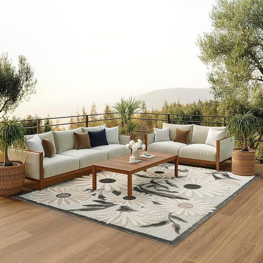 Nourison Aloha Indoor-Outdoor Beige 7' x 10' Area Rug, Easy Cleaning, Non Shedding, Bed Room, Living Room, Dining Room, Kitchen (7x10)