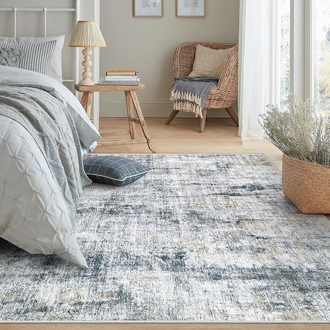 Washable Area Rug 6x9 for Living Room: Abstract Large Rugs Neutral Modern Carpet with Non Slip Backing for Bedroom Dining Room Office (Multi Blue, 6'x9')