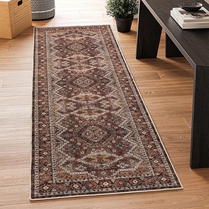 Rugland 2'6x8' Runner Rug, TPR07-Rust, Vintage Tribal, Stain Resistant, Anti-Slip Backing, Machine Washable, Low Pile, Indoor, Rug