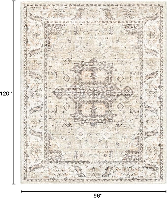 Area Rug 8x10 for Living Room, Vintage Design Home Decor, Floor Decoration Carpet Mat, Area Rugs for Living Room,Beige Washable Rug (Beige Cream, 8x10)