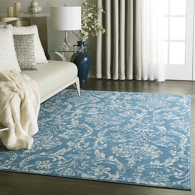 Nourison Jubilant Damask Blue 5'3'' x 7'3'' Area-Rug, Easy-Cleaning, Non Shedding, Bed Room, Living Room, Dining Room, Kitchen (5x7)