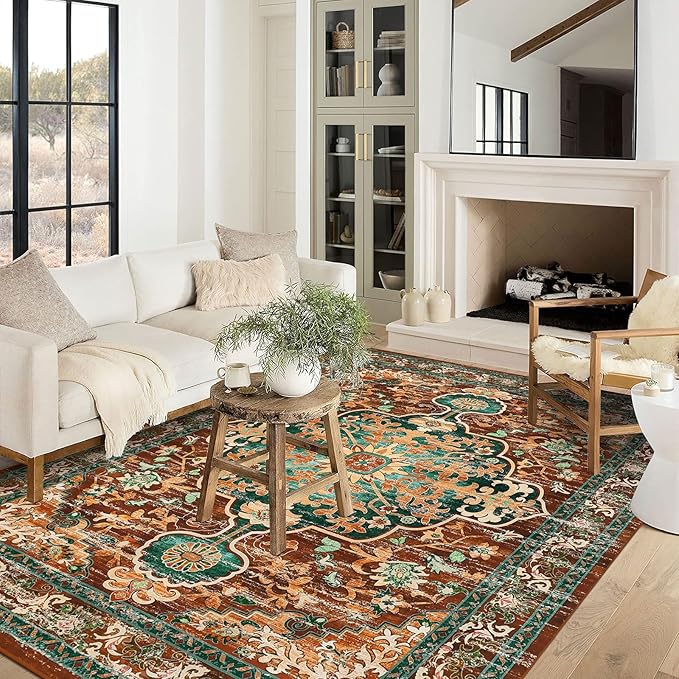 U'Artlines Boho Vintage Area Rug 8x10 Machine Washable Low Pile Ultra-Thin Soft Floor Carpet Non Slip Non Shedding Accent Rug for Living Room Bedroom Entryway Dining Room Office(Rust＆Teal)