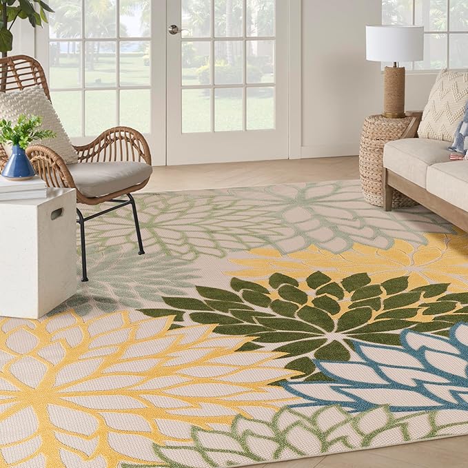 Nourison Aloha Indoor-Outdoor Green Multicolor 10' x 14' Area Rug, Easy Cleaning, Non Shedding, Bed Room, Living Room, Dining Room, Backyard, Patio, Deck (10x14)
