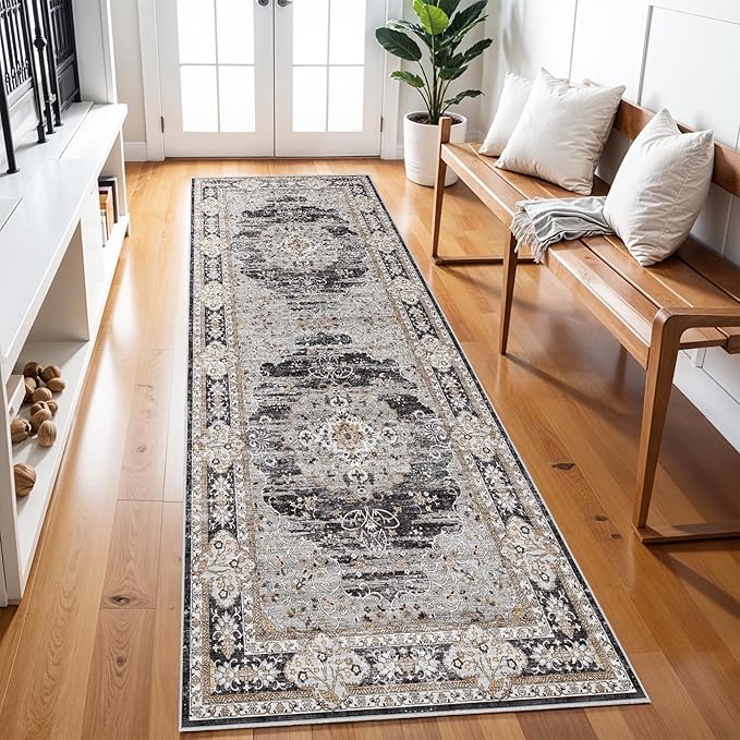 3x8 Runner Rug for Hallway Washable: Non Slip Kitchen Rugs with Rubber Backing Soft Waterproof Mats Stain Resistant Indoor Vintage Carpet Runner for Bedroom Bathroom Laundry Entryway Black/Gray