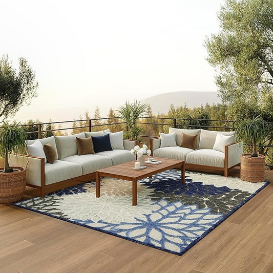 Nourison Aloha Indoor/Outdoor Blue/Multicolor 10' x 14' Area Rug, Tropical, Botanical, Easy Cleaning, Non Shedding, Bed Room, Living Room, Dining Room, Deck, Backyard, Patio (10x14)