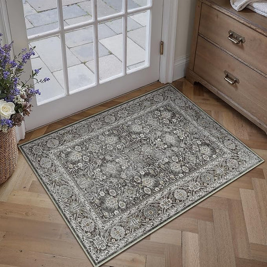 Black Entryway Rug 2x3 Vintage Area Carpet Indoor Kitchen Washable Door Mat Living Room Entrance Small Low Pile Traditional Distressed Retro Accent Throw Rug Non Slip Office Bathroom