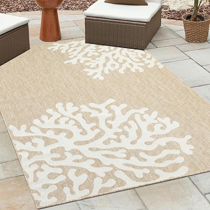 LR Home 7 x 9 Indoor/Outdoor Area Rug for Home Decor | Floral Carpet Suitable for Living Room, Bedroom, Playroom, Patio, Garden | Nautical Farmhouse Rug | Ivory/Beige