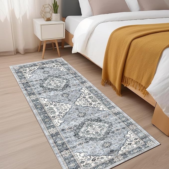 2x6 Runner Rug, Ultra-Thin Bathroom Rug, Blue Low Pile Laundry Room Mat, Machine Washable Boho Rug for Hallways Entryway Kitchen Bedside Camper