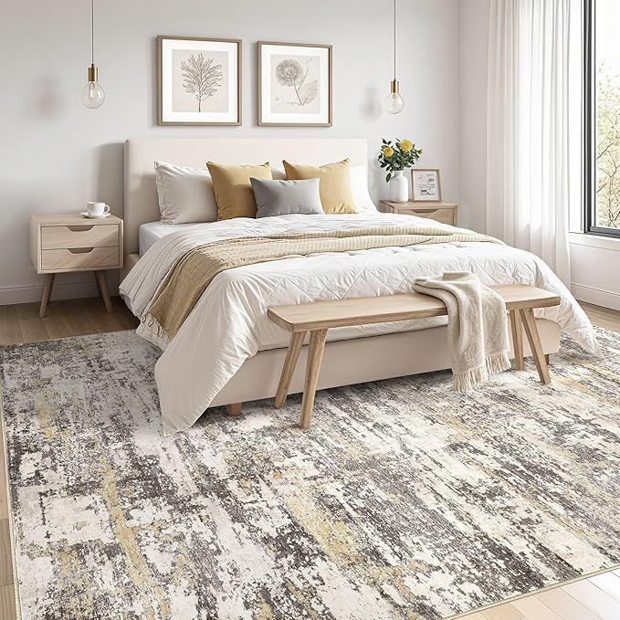 Area Rugs for Living Room: 8x10 Abstract Washable Rug Modern Neutral Large Soft Stain Resistant Non-Slip Backing Machine Table for Bedroom Dining Room Indoor Home Office Carpet - Gold Brown