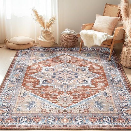 BESTSWEETIE Area Rugs 5x7 Rug for Living Room, Washable Rug 5x7, Non Slip Water Repellent Floor Carpet, Low Pile Soft Vintage Rug for Bedroom Dining Room Indoor-Brick/Blue/Light Ivory