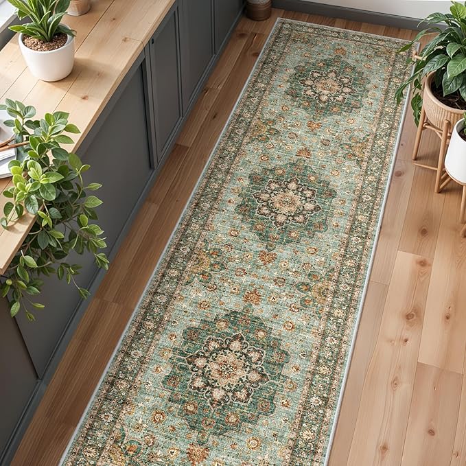 Washable Oriental Hallway Runner Rug - 3x10 Rugs for Living Room Soft Carpet for Bedroom Kitchen Waterproof Floral Distressed Indoor Stain Resistant Non-Shedding Floor Carpets (Green, 3X10)