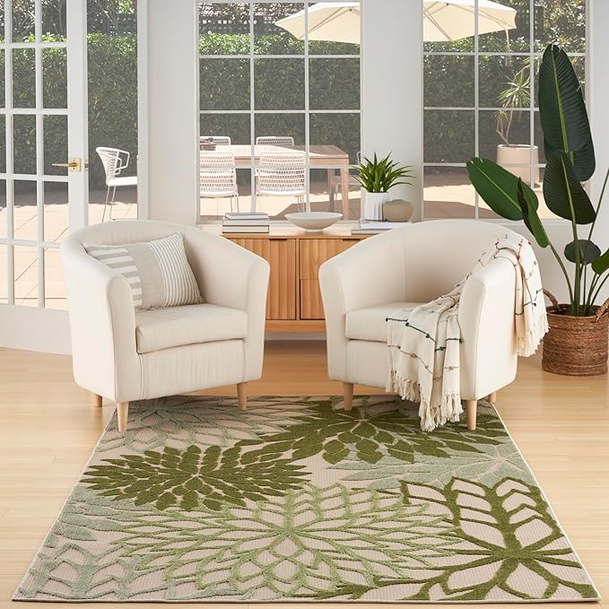 Nourison Aloha Tropical Indoor/Outdoor Ivory Green 6' x 9' Area Rug, Easy Cleaning, Non Shedding, Bed Room, Living Room, Dining Room, Backyard, Deck, Patio (6x9)