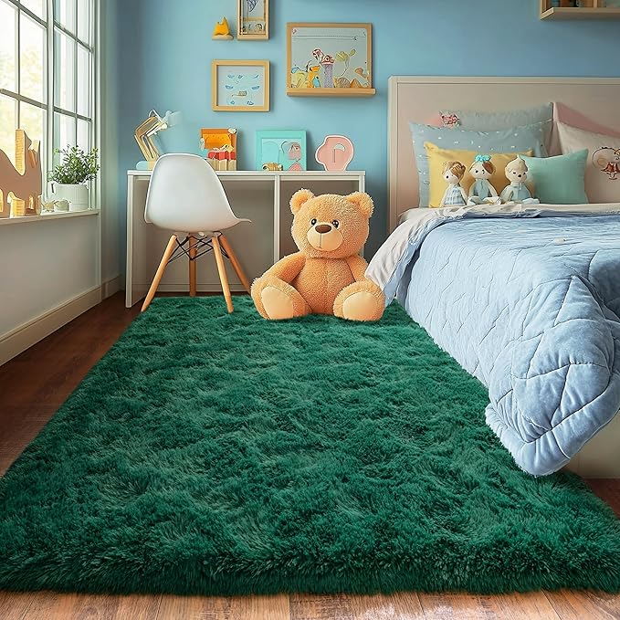 Green Fluffy Rug for Bedroom 8x10 ft Large - Ultra Soft & Non Slip Shaggy Area Rug, Comfy Durable Carpet for Living Room Kids Room Teens Dorm Home Decor, 1.7'' Thick Indoor Plush Carpets