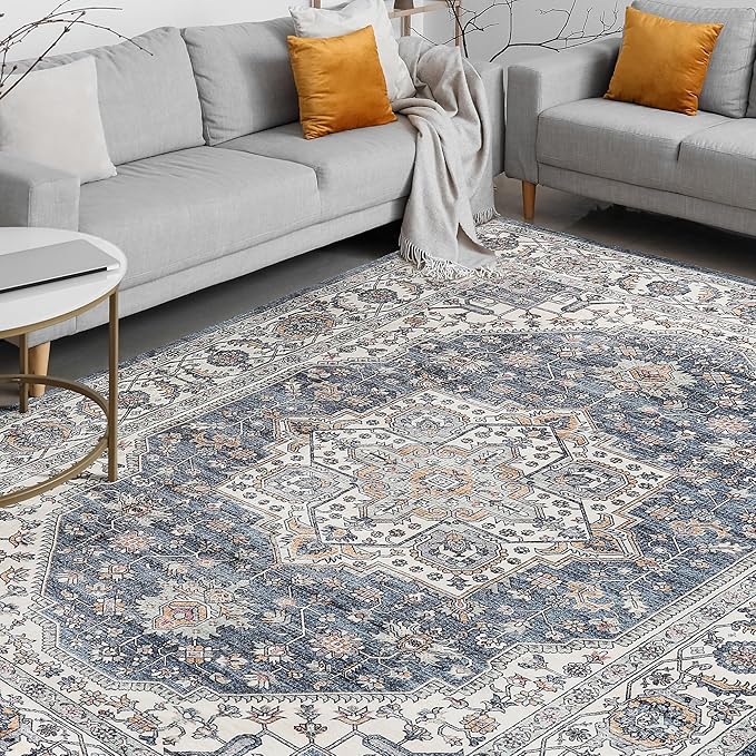 Vintage Area Rug, 9x12 Washable Rugs for Living Room Bedroom Indoor Throw Rug, Distressed Boho Country Accent Rugs, Thin Low-Pile Floor Carpet for Kids Pet (Navy/Grey)