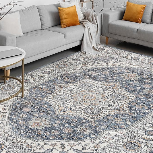 Vintage Area Rug, 8x10 Washable Rugs for Living Room Bedroom Indoor Throw Rug, Distressed Boho Country Accent Rugs, Thin Low-Pile Floor Carpet for Kids Pet (Navy/Grey)