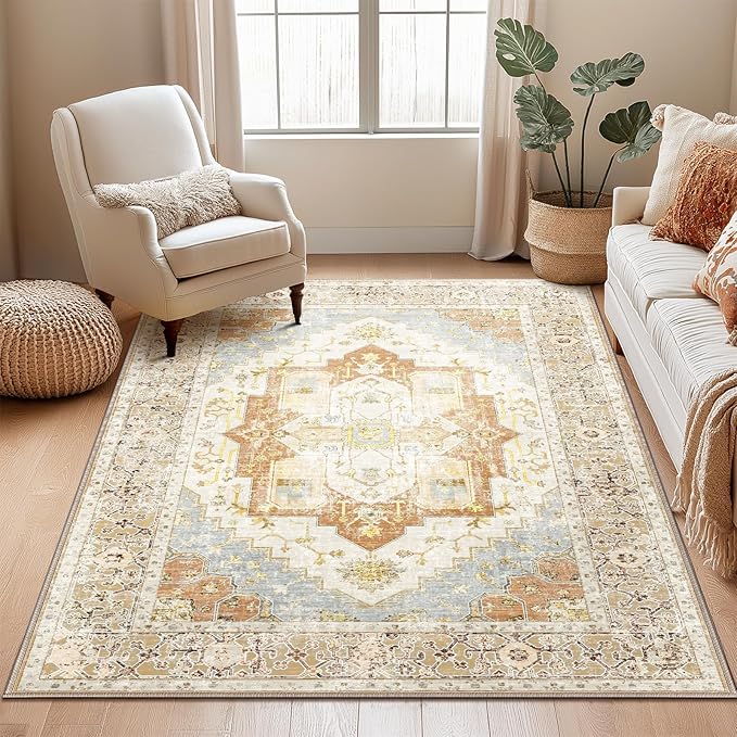 Washable 6x9 Area Rugs, Rugs for Living Room, Low-Pile Water&Stain Resistant Carpet Vintage Distressed Printed Non-Slip Carpet for Bedroom Bathroom Kitchen-Orange