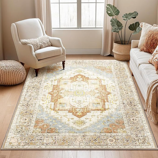 Washable 5x7 Area Rugs, Rugs for Living Room, Low-Pile Water&Stain Resistant Carpet Vintage Distressed Printed Non-Slip Carpet for Bedroom Bathroom Kitchen-Orange