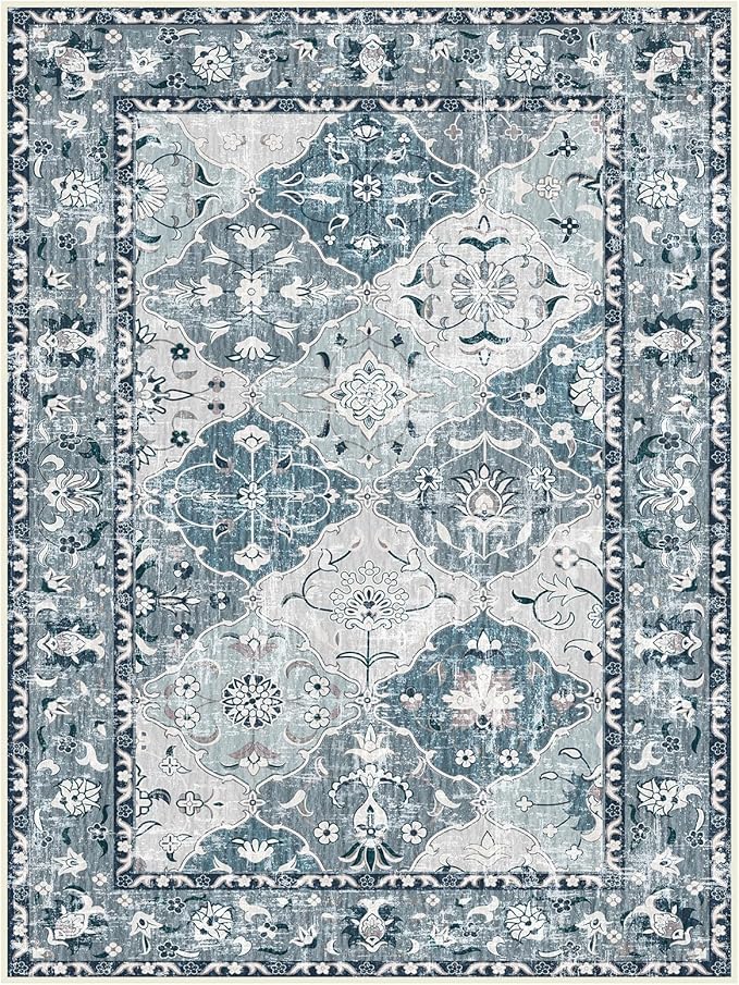 Washable Boho Vintage Area Rugs 2×3 Non-Slip Traditional Blue Area Rug Doormat for Bathroom Kitchen Entryway