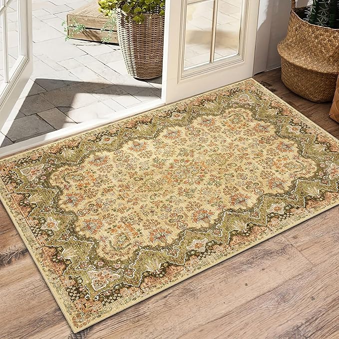 Small Rug 2x3 Green Boho Rugs for Entryway, Vintage Washable Area Rug for Bathroom Kitchen Bedroom, Non Slip Soft Accent Distressed Floor Throw Carpet