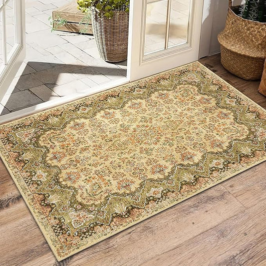 Small Rug 2x3 Green Boho Rugs for Entryway, Vintage Washable Area Rug for Bathroom Kitchen Bedroom, Non Slip Soft Accent Distressed Floor Throw Carpet