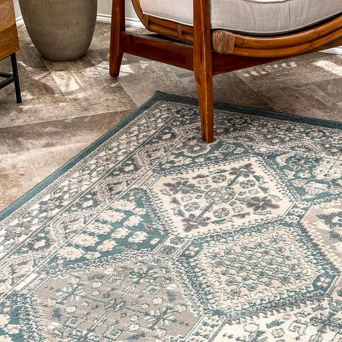 nuLOOM 8' Round Becca Traditional Tiled Area Rug, Becca Blue, Faded Transitional Design, Stain Resistant, for Bedroom, Dining Room, Living Room, Hallway, Office, Kitchen, Entryway
