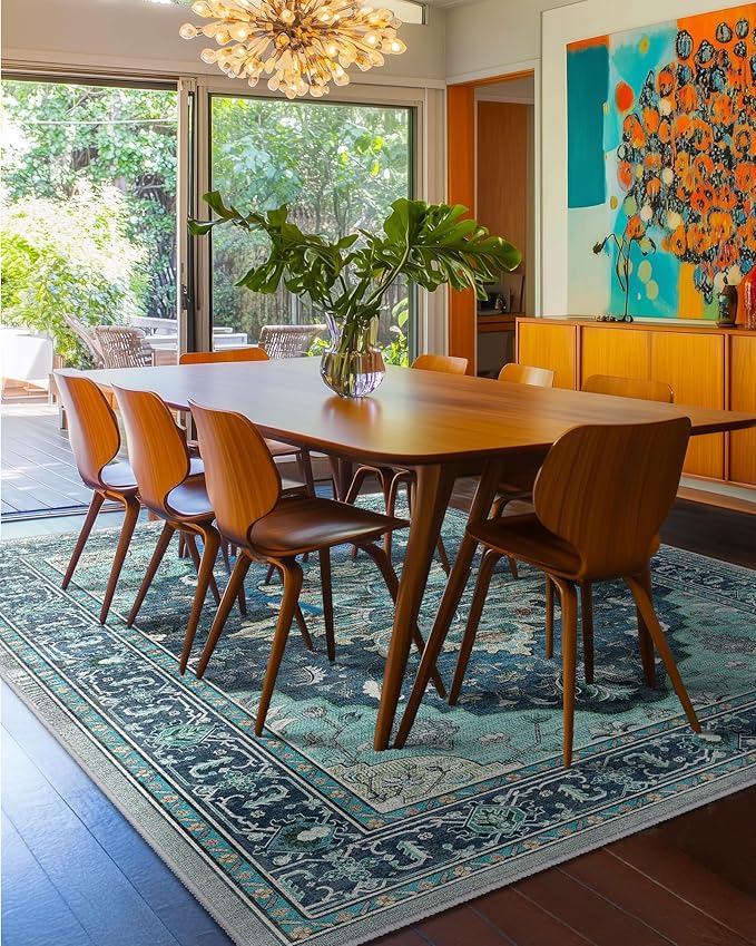 Area Rugs Square 8ft Washable Non-Slip, Floral Vintage Distress Print Pattern Medallion Carpet for Living Room Bedroom Dining Room, Teal Green Lake Blue
