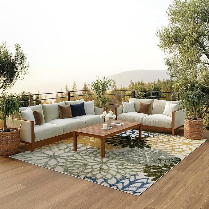 Nourison Aloha Tropical Indoor/Outdoor Green Multicolor 6' x 9' Area Rug, Easy Cleaning, Non Shedding, Bed Room, Living Room, Dining Room, Backyard, Deck, Patio (6x9)