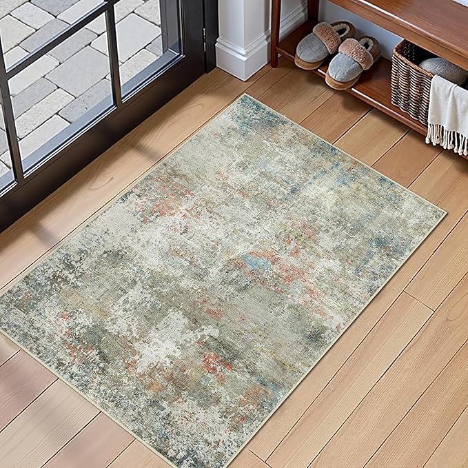 2x3 Entryway Rug Orange Grey Non Slip Washable Doormat Neutral Modern Abstract Indoor Rug Thin Soft Throw Low Pile Kitchen Carpet for Laundry Room, Kitchen, Bedroom, Bathroom